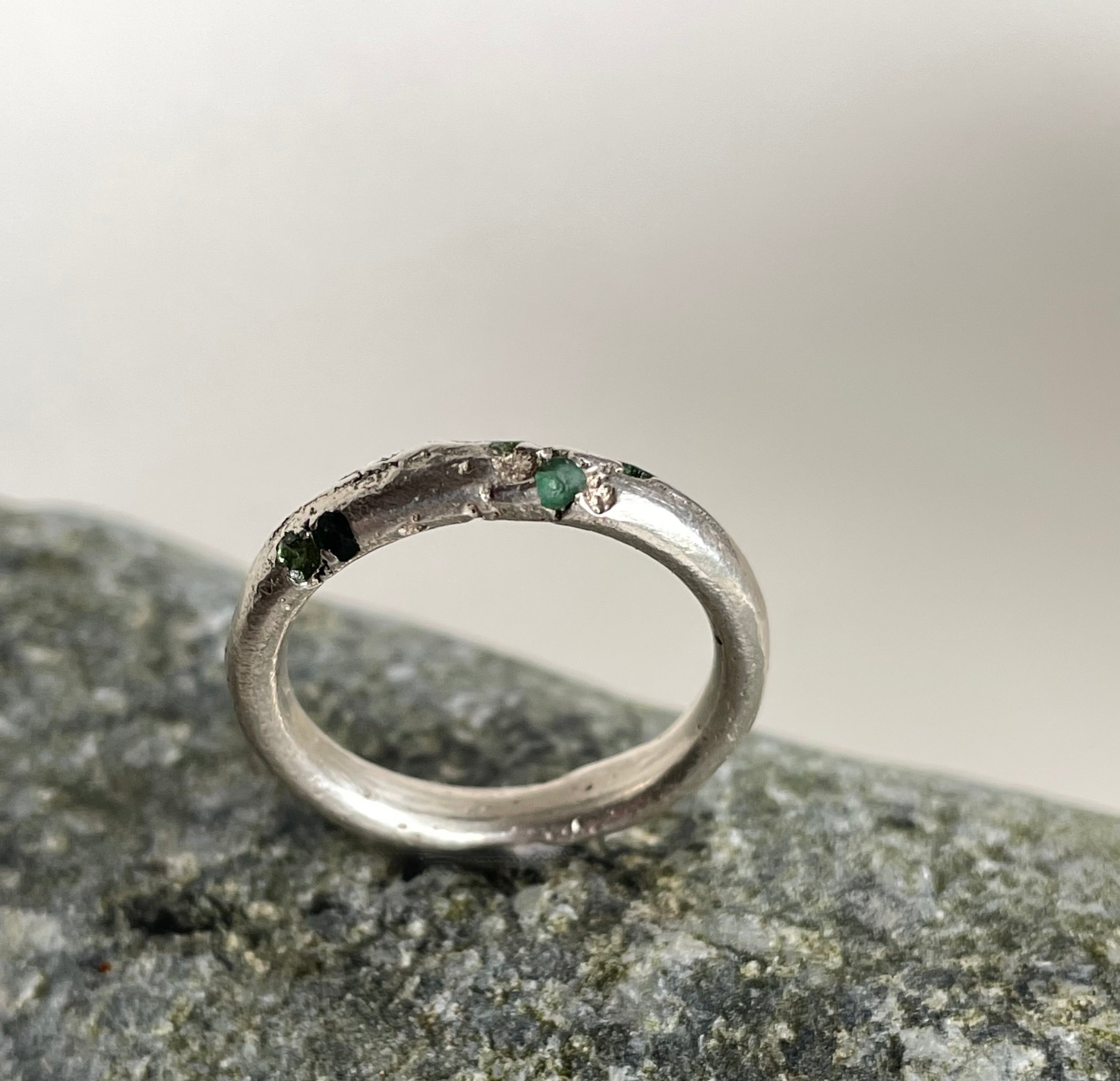 SAND CAST STERLING RING with EMERALDS